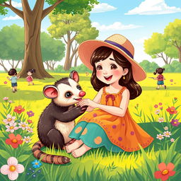 A charming illustration featuring a friendly saruê (opossum) sitting beside a young girl in a colorful park setting