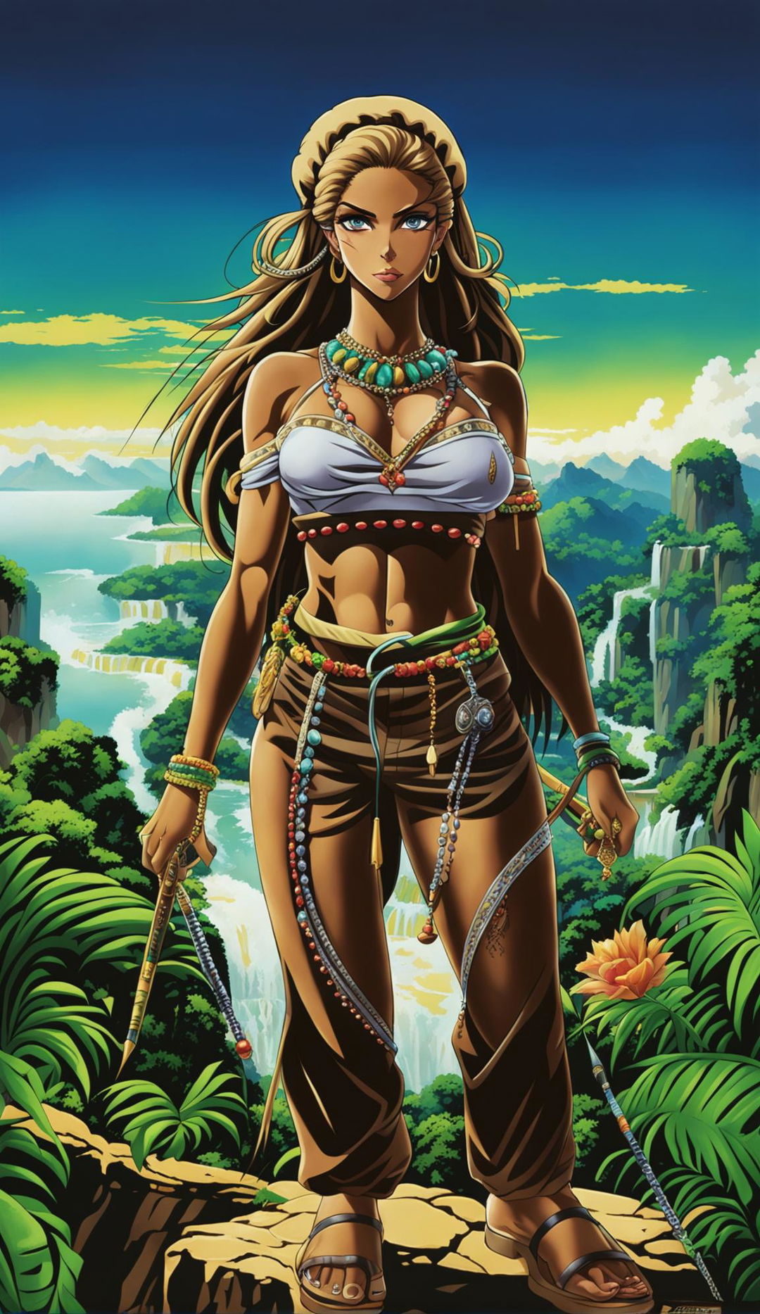 Anime-style 32k HD poster featuring a beautiful Brazilian woman as a formidable villain