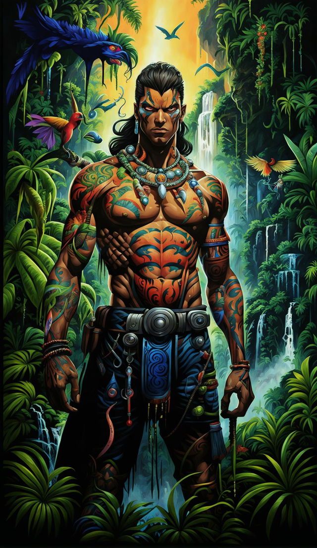 Anime-style Brazilian villain in traditional-futuristic attire stands menacingly in a vibrant jungle scene on a 32k HD poster