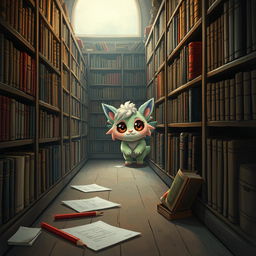 A charming scene featuring a hidden creature, resembling a small magical beast, tucked away in a school library