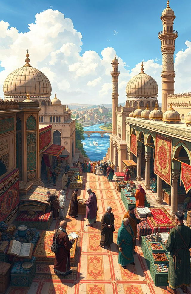 A detailed and vibrant illustration depicting Islamic history with ancient architecture, showcasing a bustling marketplace in medieval Baghdad, richly adorned with colorful textiles, merchants selling spices and carpets, traditional Islamic geometric patterns, and architecture featuring minarets and domes