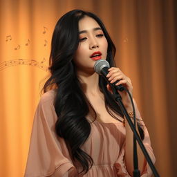 A beautiful Korean woman singing a sad song on a softly lit stage