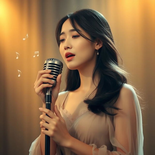 A beautiful Korean woman singing a sad song on a softly lit stage