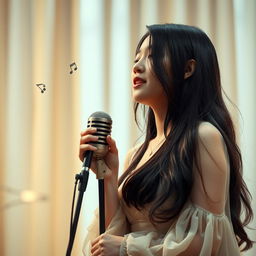 A beautiful Korean woman singing a sad song on a softly lit stage