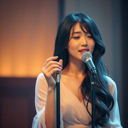 A beautiful Korean woman singing a sad song on a softly lit stage