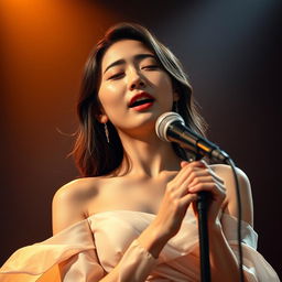 A beautiful Korean woman passionately singing a sad song, her expressive face reflecting deep emotion and vulnerability