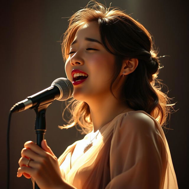 A beautiful Korean woman passionately singing a sad song, her expressive face reflecting deep emotion and vulnerability