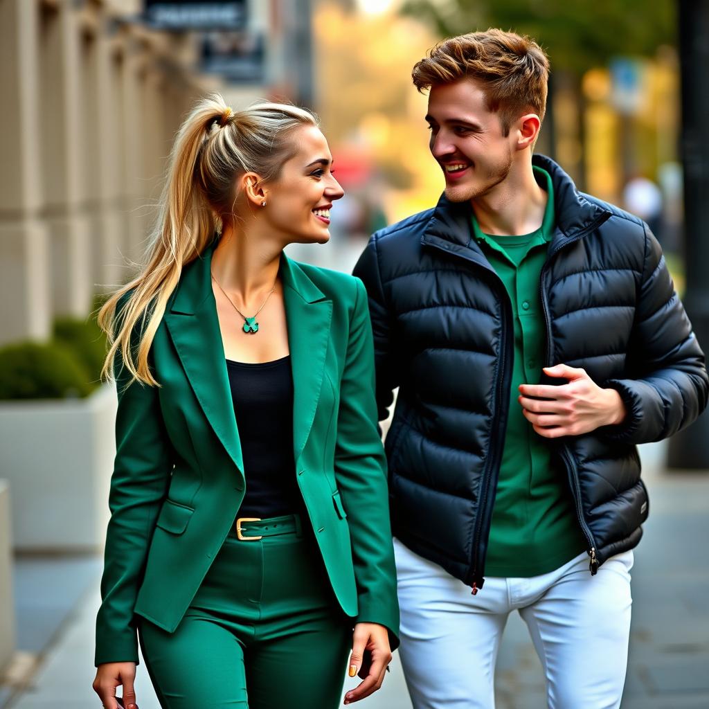 A beautiful woman walking down the street, showcasing her long blonde hair styled in a ponytail