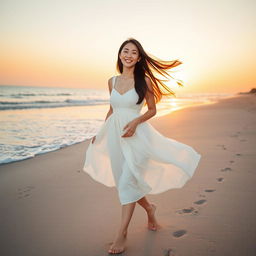 A beautiful Korean woman walking along a serene beach, her long brown hair flowing gracefully in the wind