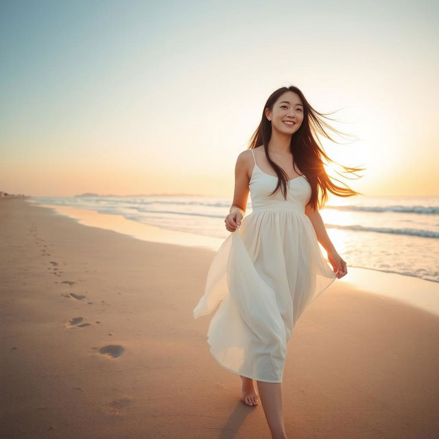 A beautiful Korean woman walking along a serene beach, her long brown hair flowing gracefully in the wind