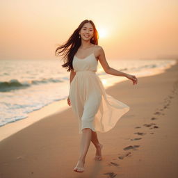 A beautiful Korean woman walking along a serene beach, her long brown hair flowing gracefully in the wind