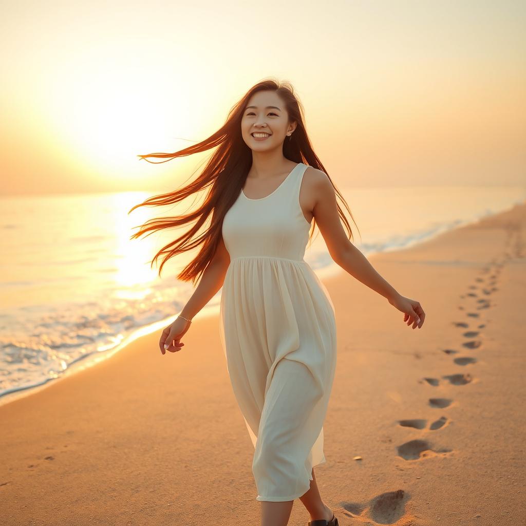 A beautiful Korean woman walking along a serene beach, her long brown hair flowing gracefully in the wind