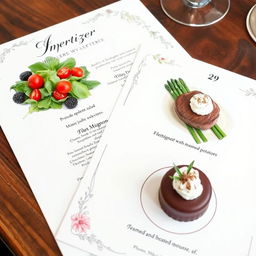 A beautifully presented dinner menu featuring a three-course meal