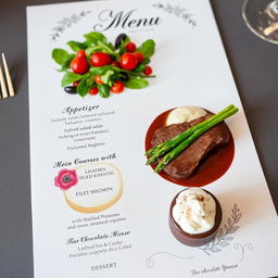 A beautifully presented dinner menu featuring a three-course meal