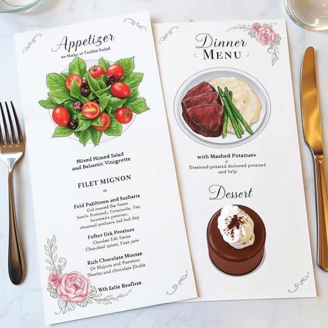 A beautifully presented dinner menu featuring a three-course meal