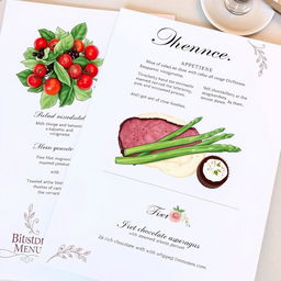 A beautifully presented dinner menu featuring a three-course meal