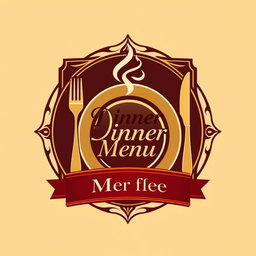 A creative and elegant logo design for a dinner menu, featuring a stylized plate and cutlery, with steam rising from the plate symbolizing delicious food