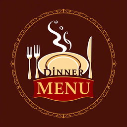 A creative and elegant logo design for a dinner menu, featuring a stylized plate and cutlery, with steam rising from the plate symbolizing delicious food