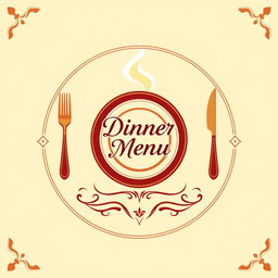 A creative and elegant logo design for a dinner menu, featuring a stylized plate and cutlery, with steam rising from the plate symbolizing delicious food