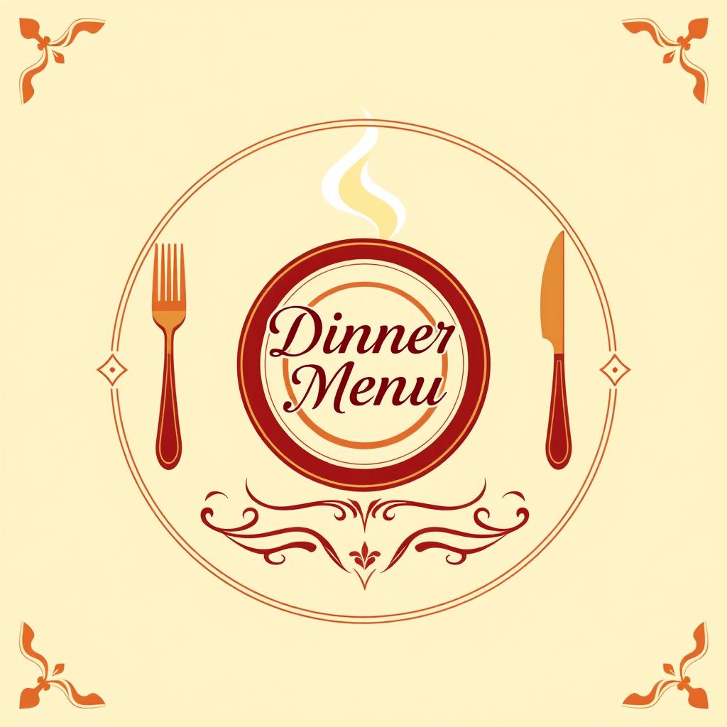 A creative and elegant logo design for a dinner menu, featuring a stylized plate and cutlery, with steam rising from the plate symbolizing delicious food