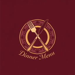 A sleek and modern logo design for a dinner menu, featuring an elegant combination of a fork and knife crossed over a decorative plate