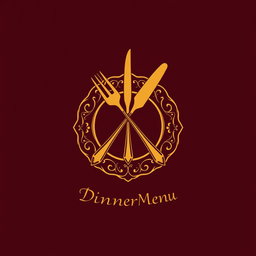 A sleek and modern logo design for a dinner menu, featuring an elegant combination of a fork and knife crossed over a decorative plate