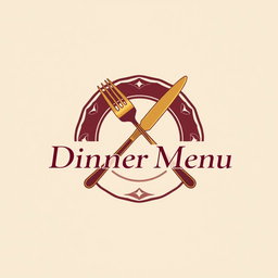 A sleek and modern logo design for a dinner menu, featuring an elegant combination of a fork and knife crossed over a decorative plate