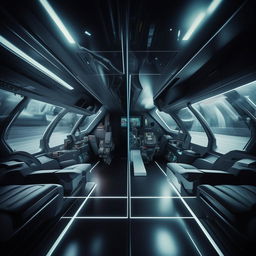 interior of futuristic fighter jet with glass panel demarcating front cabin from back cabin