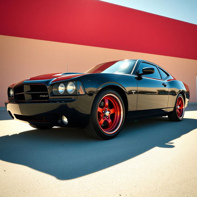 A stunning black 2006 Dodge Charger showcased in a vibrant setting, featuring striking red rims and large baby moon hub caps