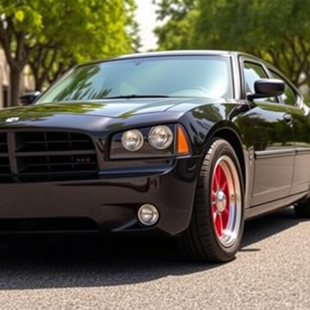 A stunning 2006 Dodge Charger in sleek black color, featuring striking red rims that catch the light