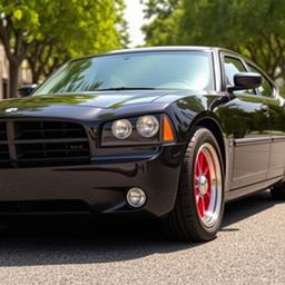 A stunning 2006 Dodge Charger in sleek black color, featuring striking red rims that catch the light