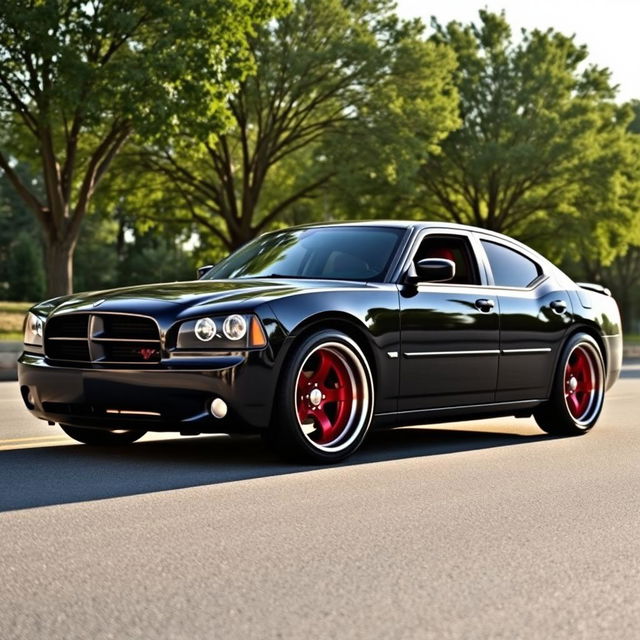 A stunning 2006 Dodge Charger in sleek black color, featuring striking red rims that catch the light