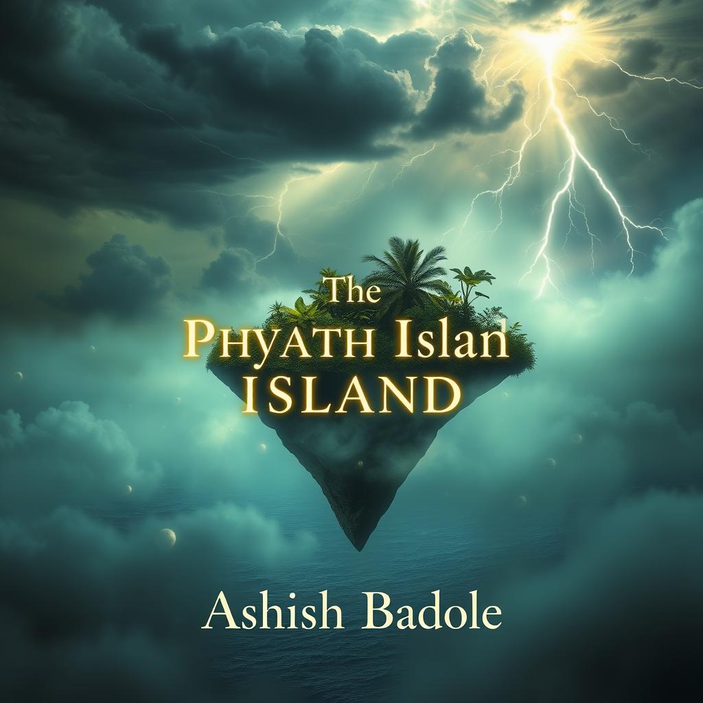 A surreal scene depicting a floating island above a vast ocean, supported by an invisible force