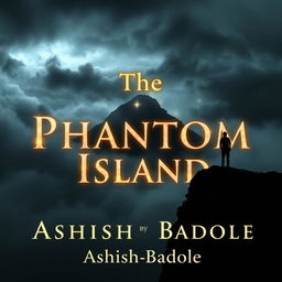 A dramatic silhouette of a figure standing on the edge of a rugged cliff, gazing toward an enigmatic island enveloped by swirling, misty clouds