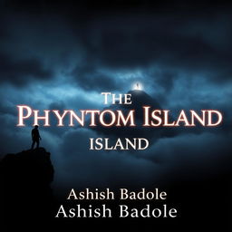 A dramatic silhouette of a figure standing on the edge of a rugged cliff, gazing toward an enigmatic island enveloped by swirling, misty clouds