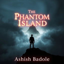 A dramatic silhouette of a figure standing on the edge of a rugged cliff, gazing toward an enigmatic island enveloped by swirling, misty clouds