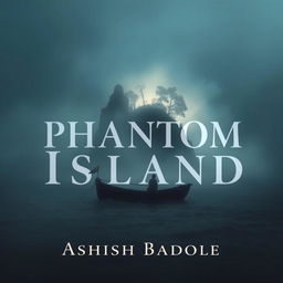 A haunting image of a small, rugged boat making its way through a misty ocean, maneuvering toward a dimly lit, glowing island that emerges from the fog in the distance