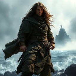 A compelling character portrait of 'The Leader', depicting a daring yet flawed individual standing resolutely on a rocky shore, gazing toward a mysterious island shrouded in mist