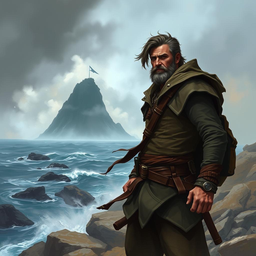 A compelling character portrait of 'The Leader', depicting a daring yet flawed individual standing resolutely on a rocky shore, gazing toward a mysterious island shrouded in mist