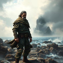 A compelling character portrait of 'The Leader', depicting a daring yet flawed individual standing resolutely on a rocky shore, gazing toward a mysterious island shrouded in mist