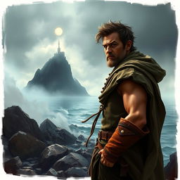 A compelling character portrait of 'The Leader', depicting a daring yet flawed individual standing resolutely on a rocky shore, gazing toward a mysterious island shrouded in mist