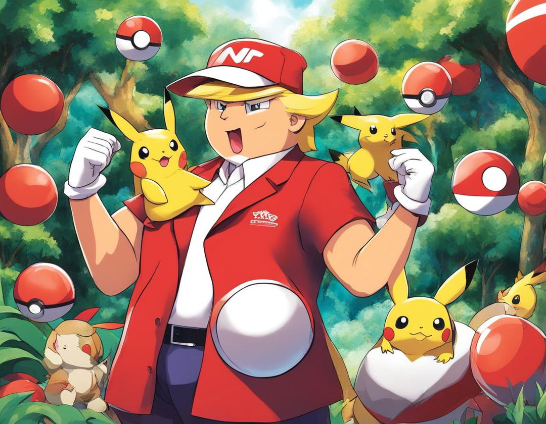 Donald Trump as a Pokemon trainer in vibrant red and white outfit, holding a Pokeball against a backdrop of the lush Pokemon world