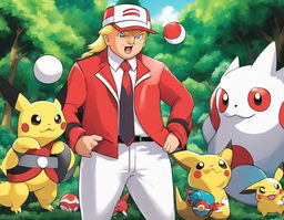 Donald Trump as a Pokemon trainer in vibrant red and white outfit, holding a Pokeball against a backdrop of the lush Pokemon world