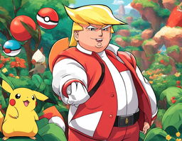 Donald Trump as a Pokemon trainer in vibrant red and white outfit, holding a Pokeball against a backdrop of the lush Pokemon world