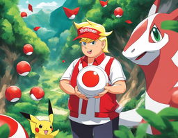 Donald Trump as a Pokemon trainer in vibrant red and white outfit, holding a Pokeball against a backdrop of the lush Pokemon world