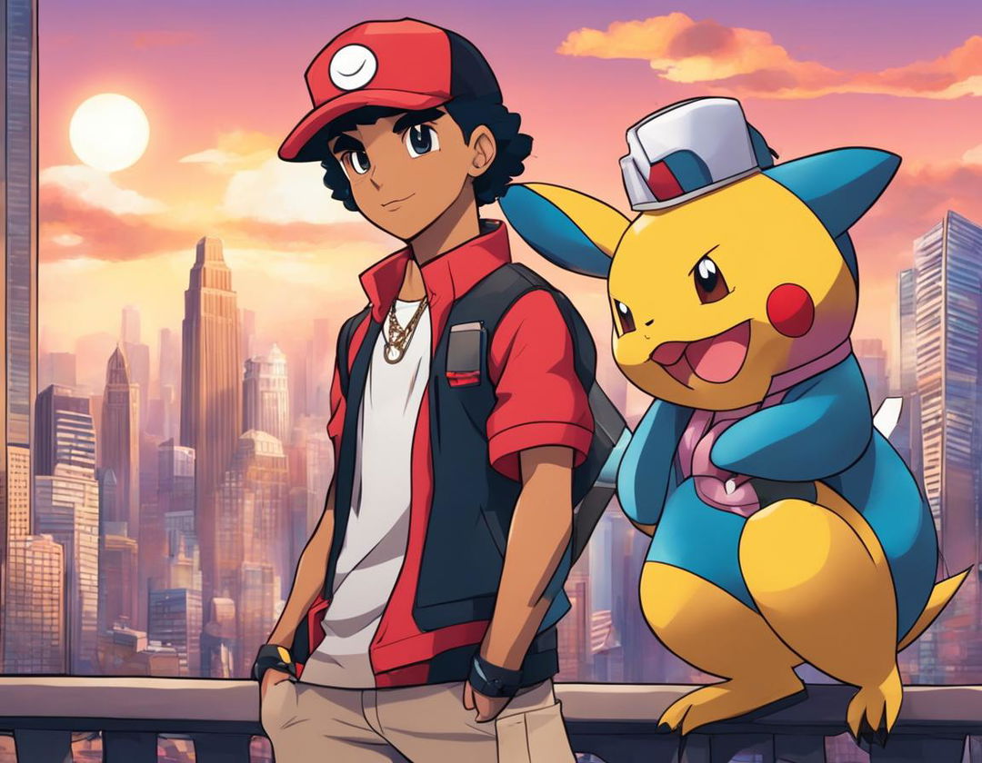 Drake as a Pokemon trainer in a stylish outfit, holding a luxury Pokeball against a backdrop of the bustling Pokemon city.