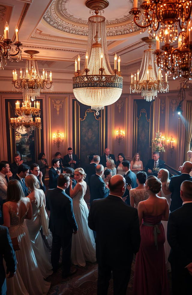 A formal yet incredible scene set in an opulent ballroom, featuring elegantly dressed individuals in luxurious attire