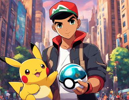 Drake as a Pokemon trainer in a stylish outfit, holding a luxury Pokeball against a backdrop of the bustling Pokemon city.