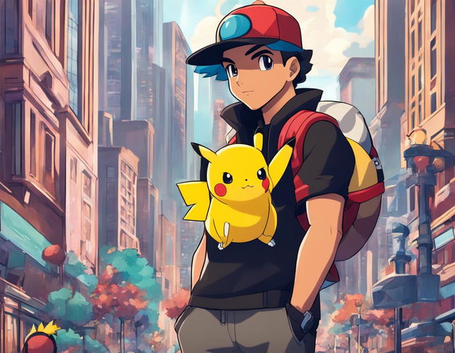 Drake as a Pokemon trainer in a stylish outfit, holding a luxury Pokeball against a backdrop of the bustling Pokemon city.