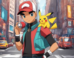 Drake as a Pokemon trainer in a stylish outfit, holding a luxury Pokeball against a backdrop of the bustling Pokemon city.